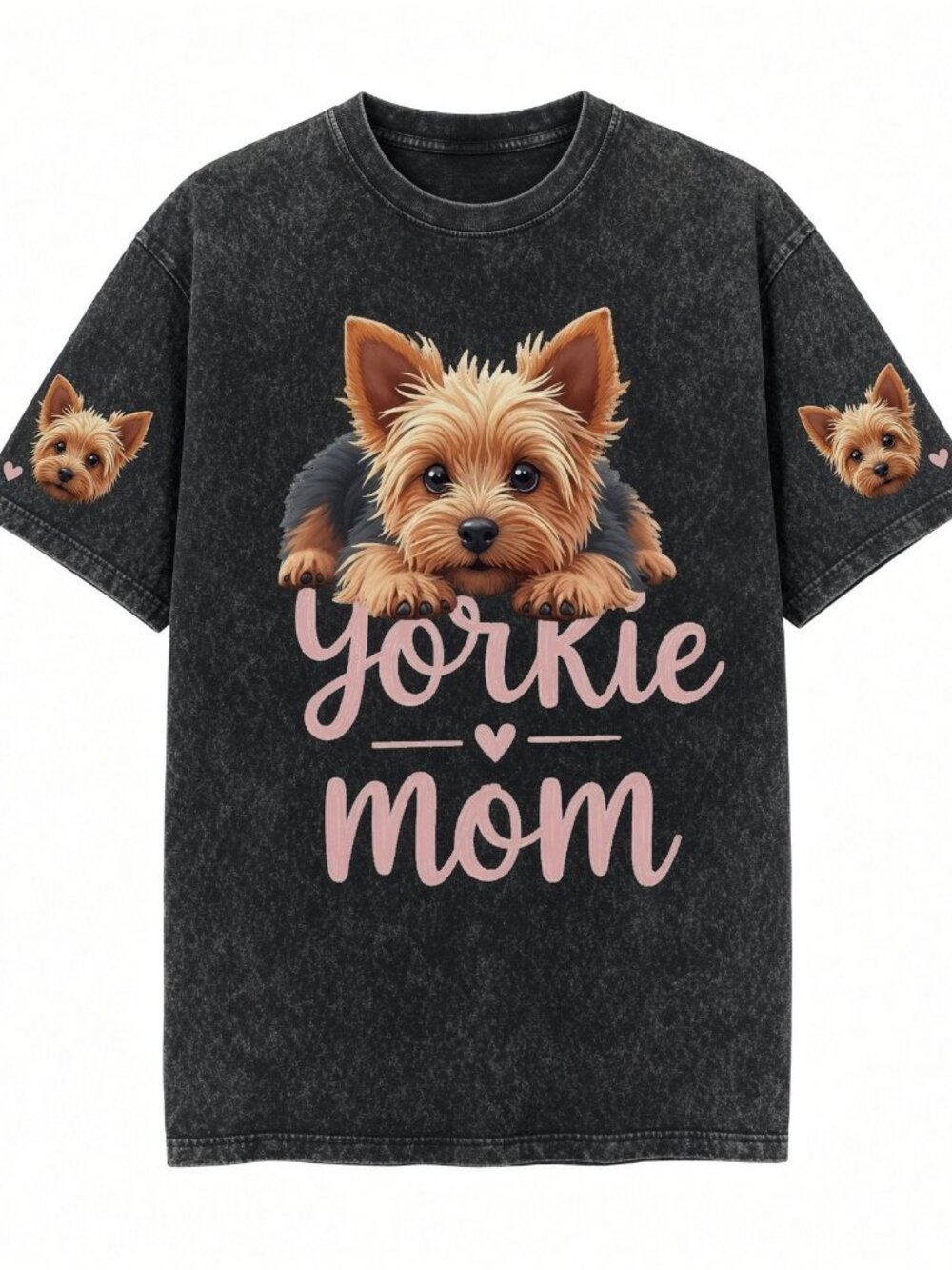 Yorkie Mom Cute Puppy Acid Wash Black Graphic Tee